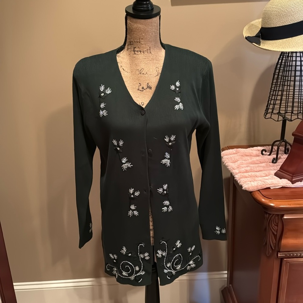 IMAGIO WOMENS LONG CARDIGAN IN SZ MED…NWT…EMBELLISHMENTS OF EMBROIDERY AND BEADS
